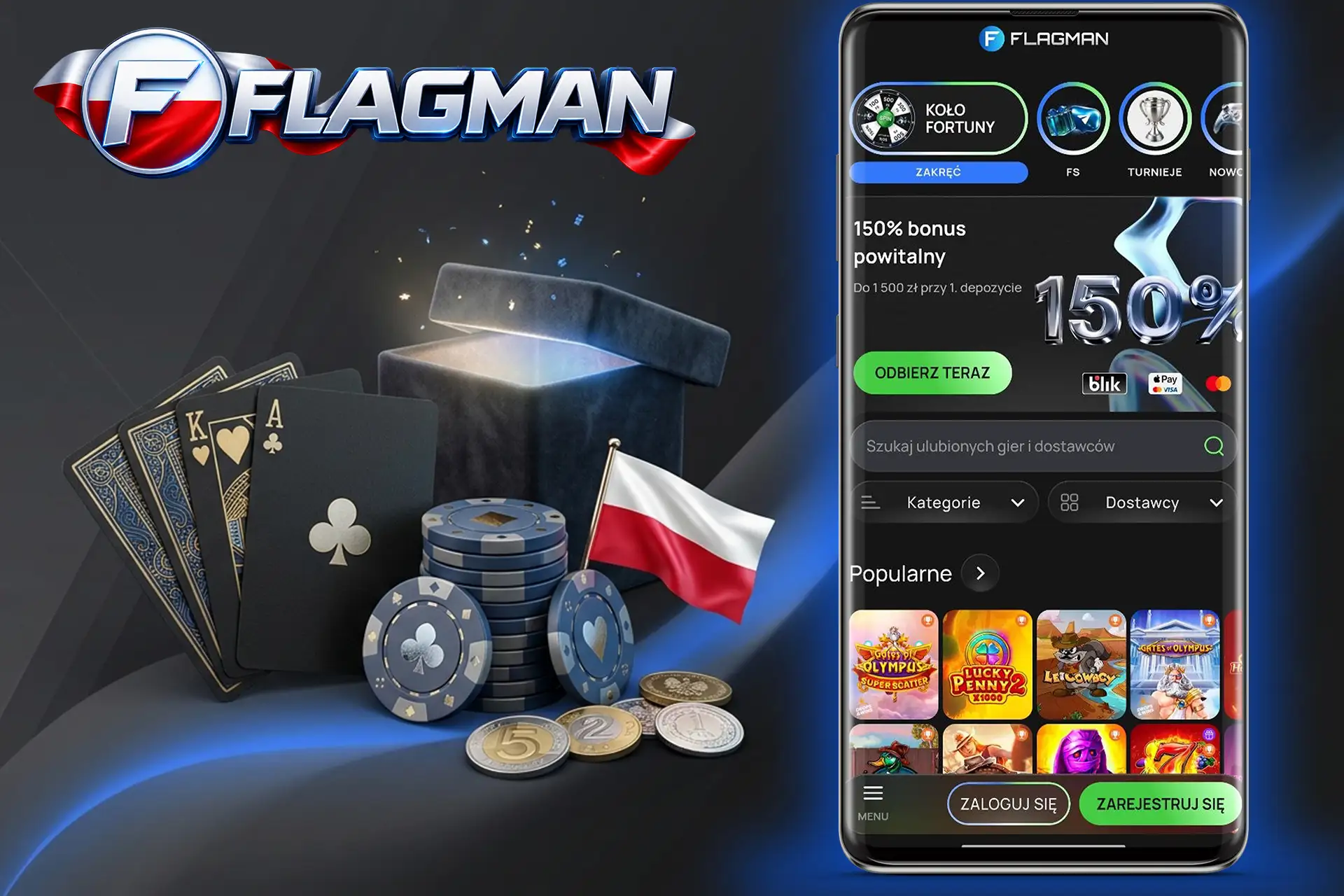 Platforma gier online Flagman Casino w Polsce, z aplikacją mobilną oferującą koło fortuny, bonus powitalny i gry karciane