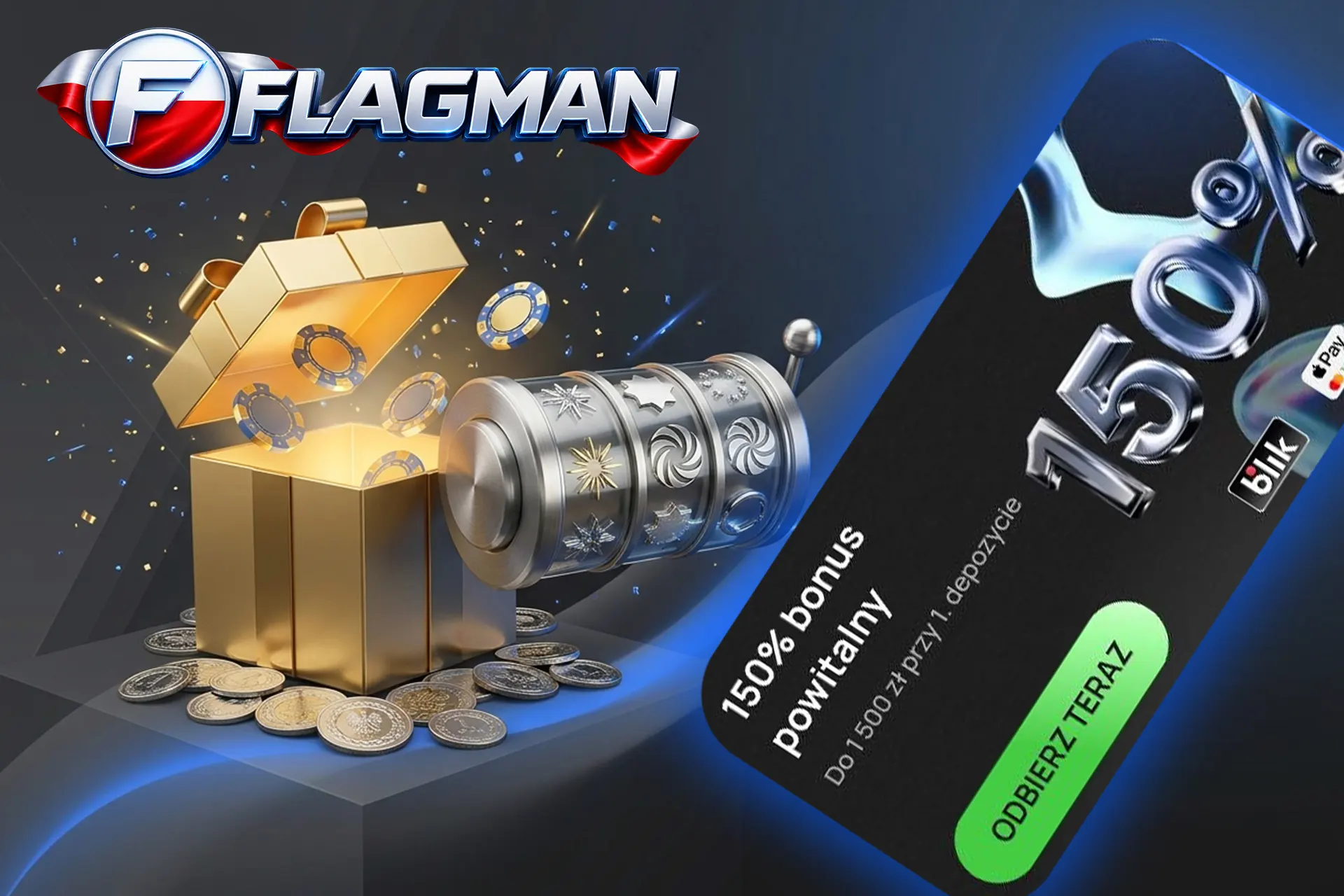 Hojny bonus powitalny do 150% na start w Flagman Casino, z widocznym złotym prezentem pełnym żetonów i opcjami płatności BLIK
