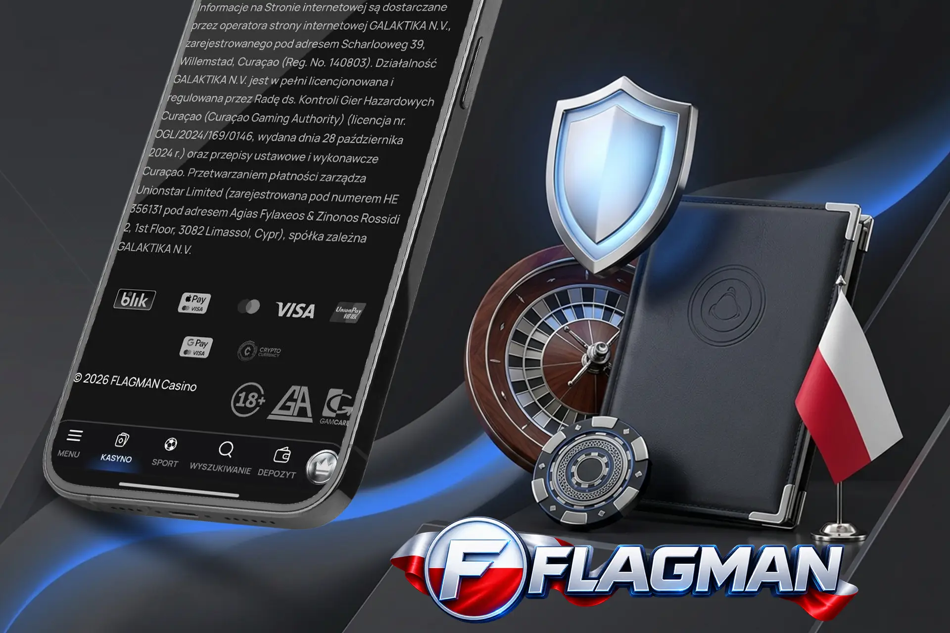Informacje o licencji Curacao i legalności platformy hazardowej, z tarczą ochronną, ruletką i flagą Polski symbolizującą bezpieczeństwo graczy