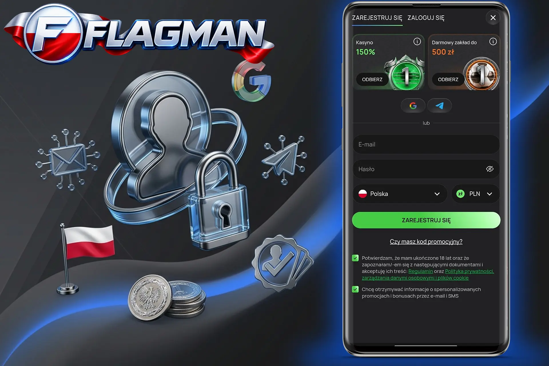 Bezpieczny i szybki proces rejestracji konta w Flagman Casino, z polskim formularzem mobilnym, kłódką bezpieczeństwa i srebrnymi monetami