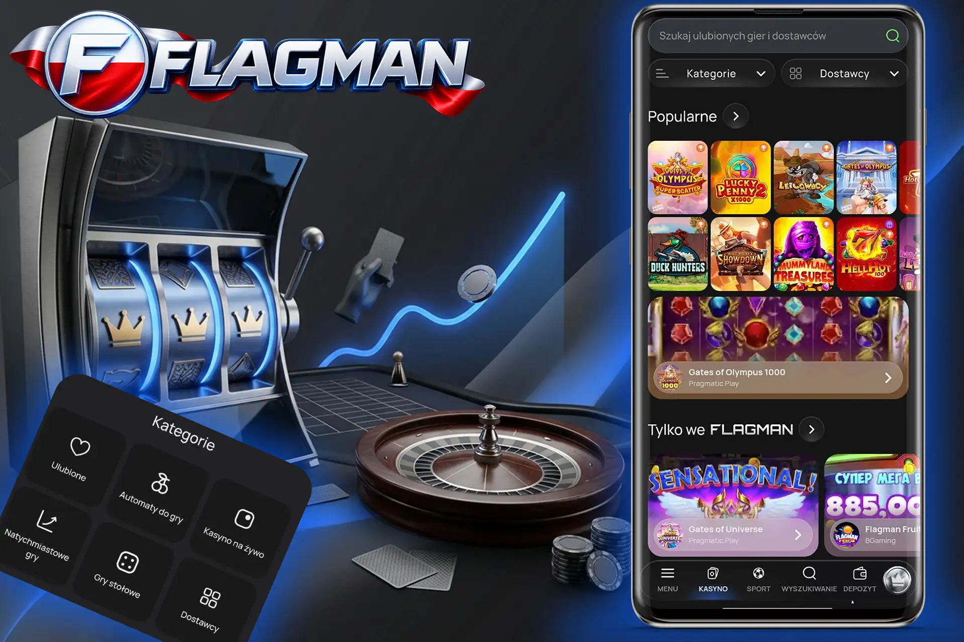Bogata biblioteka automatów do gier i ruletka w Flagman Casino, przedstawiona na ekranie smartfona obok klasycznej maszyny slotowej