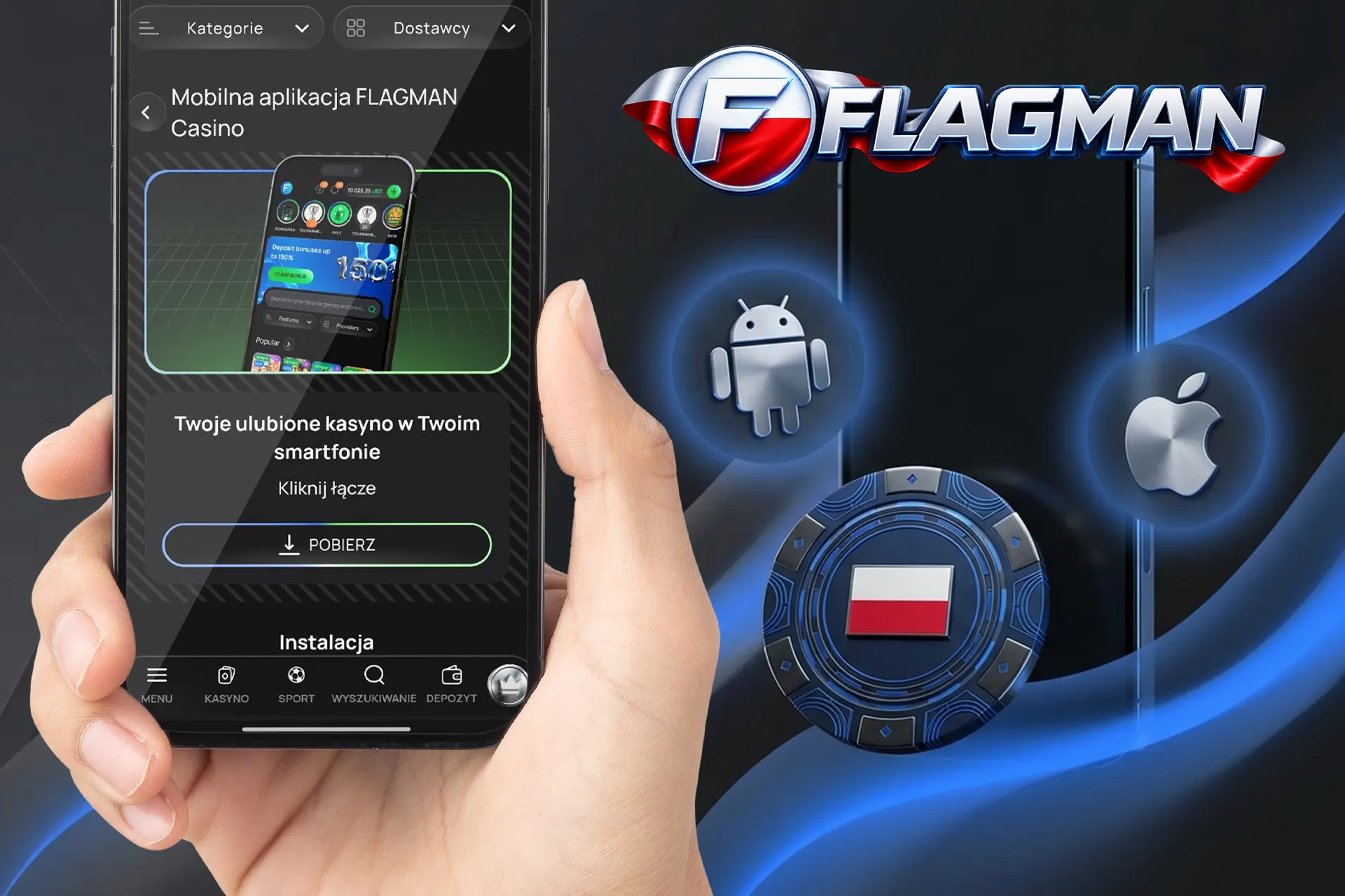 Dedykowana aplikacja mobilna do pobrania na systemy Android i iOS, zapewniająca płynną grę na smartfonie i wygodny dostęp do kasyna